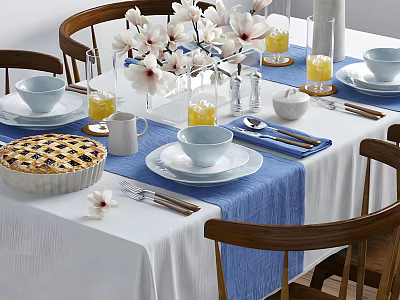 Elegant Dining Table Set With Wooden Chairs White Flowers Blue Runner And Homemade Pie 3d model