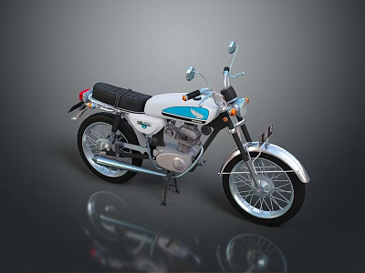 Vintage White And Blue Motorcycle With Black Seat Chrome Handlebars And Silver Wheels 3d model