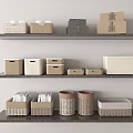 Organized Storage Baskets in Neutral Tones with Stackable Boxes on Shelves 3d model