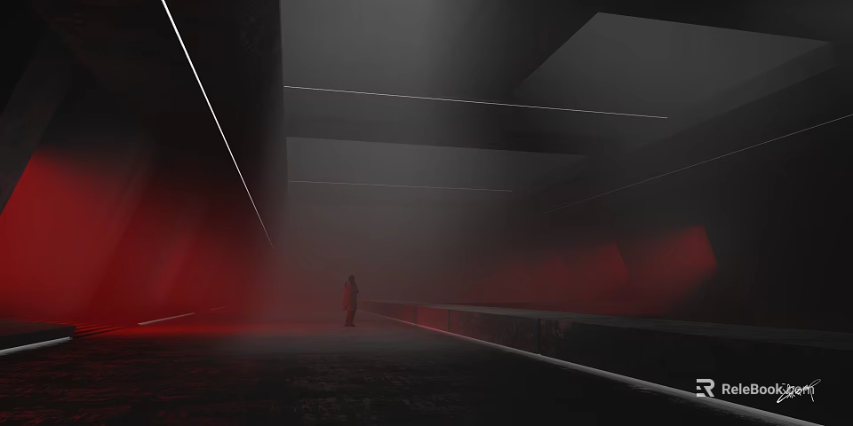 Dim Space With Red Fog Geometric Lines And A Lone Person 3d model 