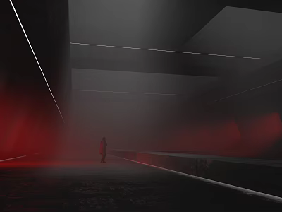 Dim Space With Red Fog Geometric Lines And A Lone Person 3d model