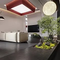 Modern Lounge Area Interior Design With Red Accent Wall Blue Lighting And Black Sculpture