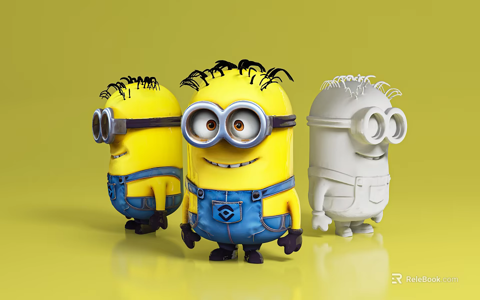 Minions Movie Characters With Yellow And White Bodies Blue Overalls And Different Hairstyles 3d model 