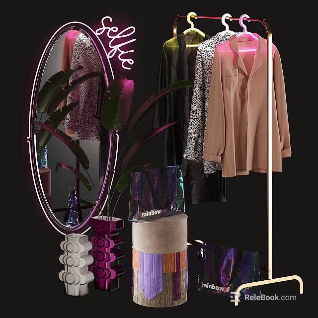 Stylish Clothes Hanger with Hanging Shirts Round Mirror Green Plant and Decorative Vases 3d model 