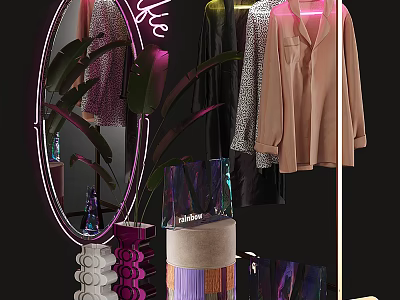 Stylish Clothes Hanger with Hanging Shirts Round Mirror Green Plant and Decorative Vases 3d model