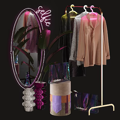 Stylish Clothes Hanger with Hanging Shirts Round Mirror Green Plant and Decorative Vases 3d model