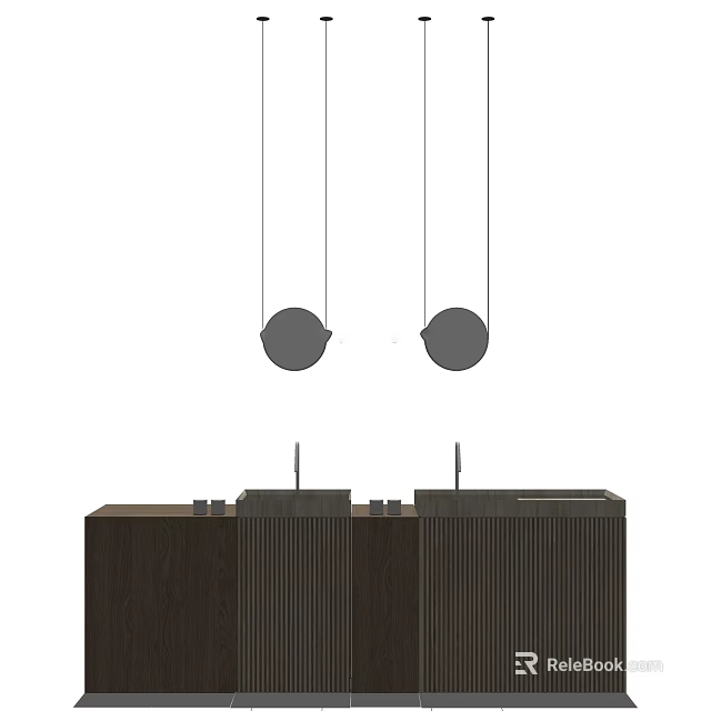 Modern Washbasin Vanity With Dark Wooden Cabinets And Hanging Pendant Lights 3d model 