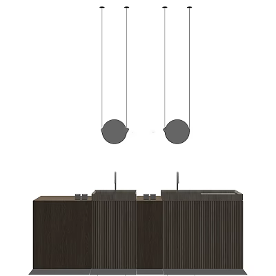 Modern Washbasin Vanity With Dark Wooden Cabinets And Hanging Pendant Lights 3d model