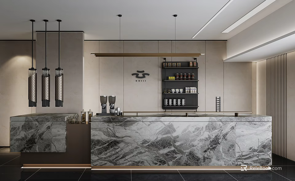 Elegant Modern Reception Desk Design With Marble Countertop Hanging Pendant Lights And Wall Shelves 3d model 