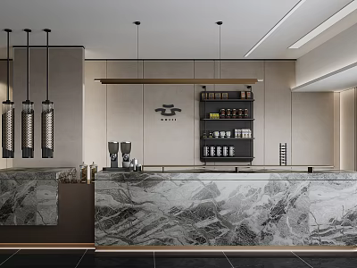 Elegant Modern Reception Desk Design With Marble Countertop Hanging Pendant Lights And Wall Shelves 3d model