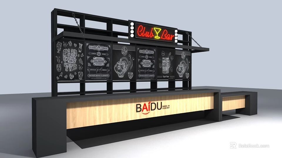 Modern Chef X Bar Counter With Wooden Top Black Shelving And BAIDU Logo 3d model 