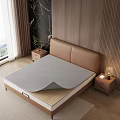 Modern Brown Leather Headboard Bed Frame With Beige Striped Mattress And Wooden Panel Wall