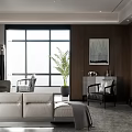 Modern Dining Living Room Interior With Dining Table Chairs Sofa And Floor To Ceiling Windows