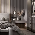 Modern Bedroom Interior With Wooden Panel Headboard Recessed Lighting Glass Sliding Wardrobe And Gray Rug