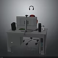 Home Office Computer Desk With Monitor Headphones Speakers Keyboard Mouse And Chair