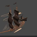 Pirate Sailing Ship with Black Skull Crossbones Flag Black Sails Wooden Deck and Illuminated Lights