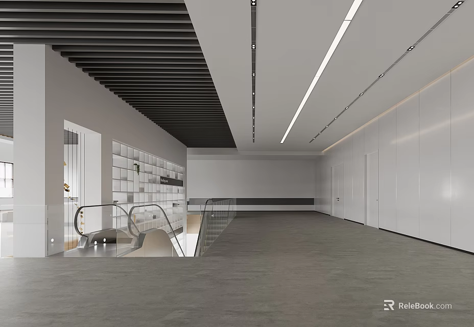 Modern Front Desk Reception Area With White Walls Black Ceiling And Glass Railing Staircase 3d model 