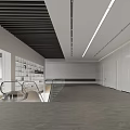 Modern Front Desk Reception Area With White Walls Black Ceiling And Glass Railing Staircase