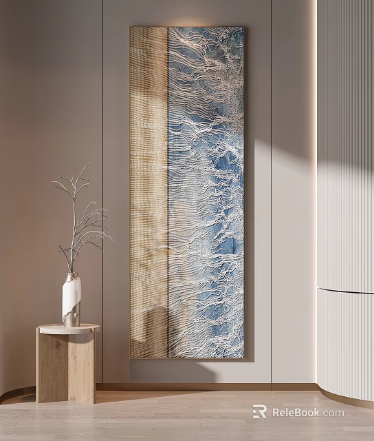 Modern Minimalist Interior Decor With Blue Beige Textured Artwork And Vase On Wooden Table 3d model