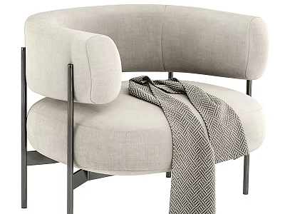Light Beige Fabric Leisure Chair with Curved Armrest Black Metal Frame and Patterned Throw Blanket 3d model