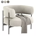 Light Beige Fabric Leisure Chair with Curved Armrest Black Metal Frame and Patterned Throw Blanket