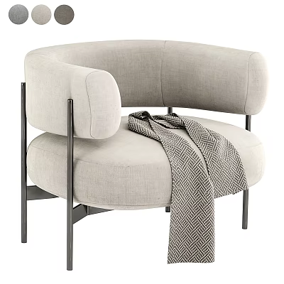 Light Beige Fabric Leisure Chair with Curved Armrest Black Metal Frame and Patterned Throw Blanket 3d model