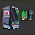 Pixel Art Medical Containers With Red Cross And Blue Green Transparent Panels
