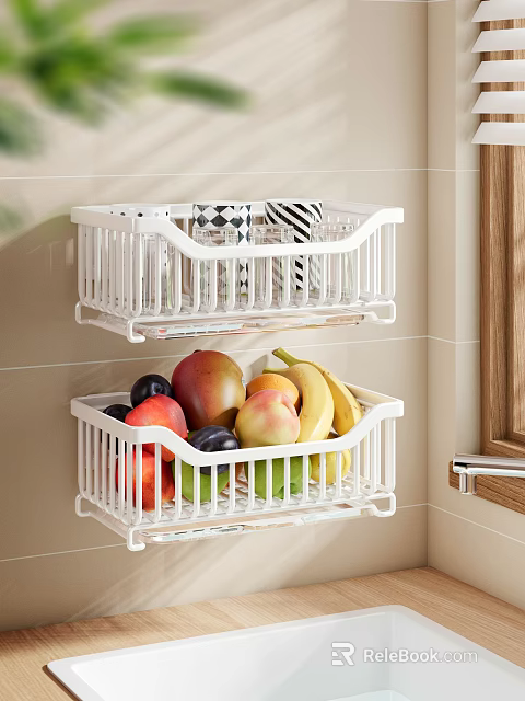 Functional Kitchen Wall Storage With White Metal Baskets Holding Fruits And Tableware 3d model 