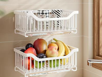 Functional Kitchen Wall Storage With White Metal Baskets Holding Fruits And Tableware 3d model