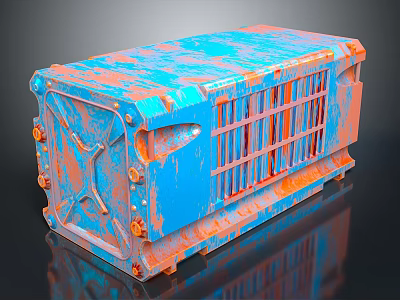 Rusted Blue And Orange Metal Industrial Container With Grilled Surface Design 3d model