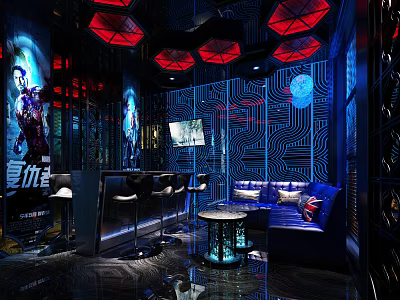 Modern KTV Room Interior With Stylish Lighting Comfortable Sofa Bar Counter And Entertainment Screen 3d model
