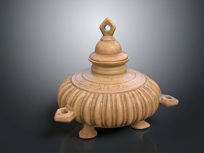 Traditional Handcrafted Pottery Jar with Lid Ornate Striped Decoration Handles and Three Feet 3d model