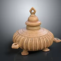 Traditional Handcrafted Pottery Jar with Lid Ornate Striped Decoration Handles and Three Feet