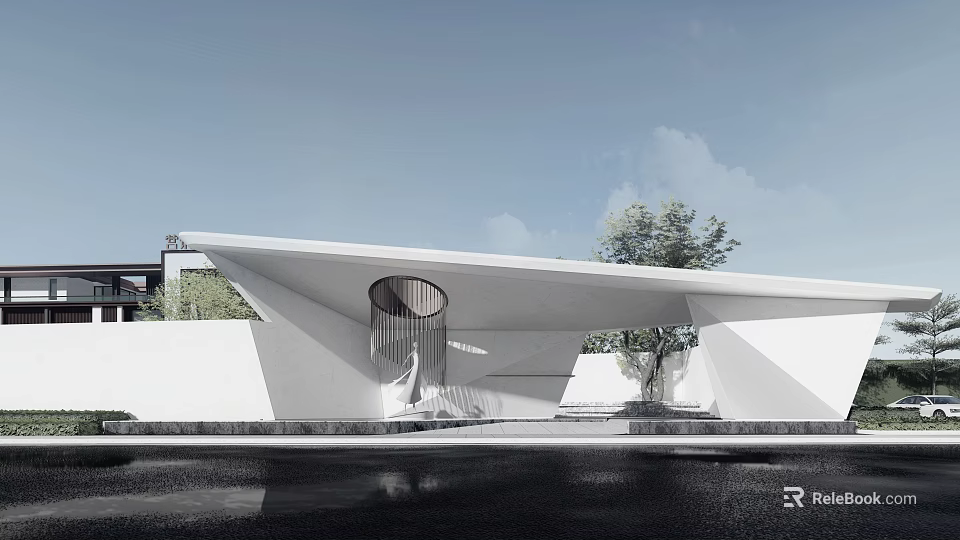 Modern Entrance Gate Exterior Design With Streamlined Roof Circular Window Tree And White Walls 3d model 