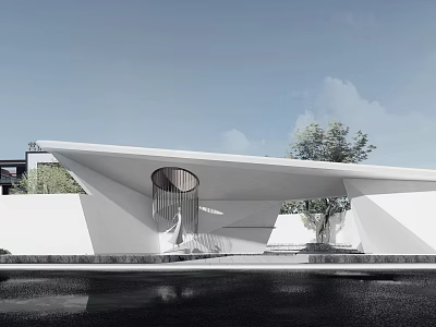 Modern Entrance Gate Exterior Design With Streamlined Roof Circular Window Tree And White Walls 3d model