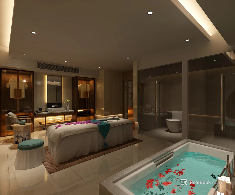 SPA Sauna Interior Design With Massage Bed Bathtub Floral Decor And Relaxing Lighting 3d model 
