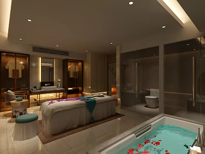 SPA Sauna Interior Design With Massage Bed Bathtub Floral Decor And Relaxing Lighting 3d model