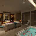 SPA Sauna Interior Design With Massage Bed Bathtub Floral Decor And Relaxing Lighting