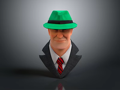 3D Male Character Wearing Green Hat Gray Suit And Red Tie In Stylish Design 3d model