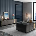 Modern Dark Gray TV Stand With Gold Details Lamp Painting Flower Bouquet On Marble Floor
