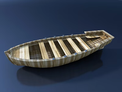 Wooden Boat With Natural Wood Planks And Metal Rivets On Dark Blue Background 3d model