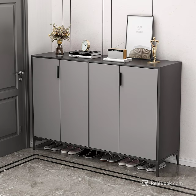Gray and Black Shoe Cabinet with Doors and Rack at Bottom Decorative Items on Top 3d model 