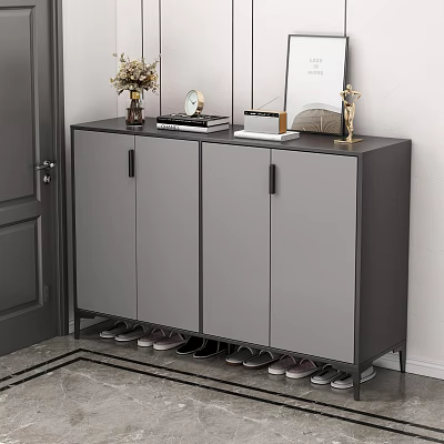 Gray and Black Shoe Cabinet with Doors and Rack at Bottom Decorative Items on Top 3d model