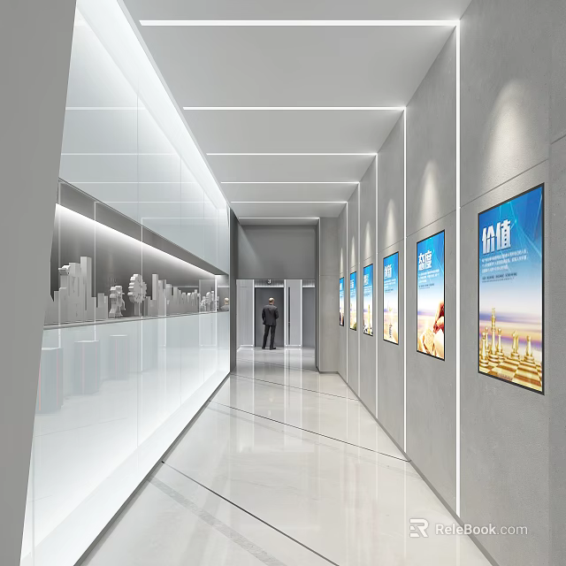 Modern Office Corridor With Display Cabinets Models Posters Shiny Floor And Ceiling Light Strips 3d model 
