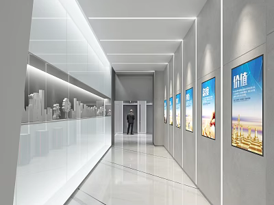 Modern Office Corridor With Display Cabinets Models Posters Shiny Floor And Ceiling Light Strips 3d model