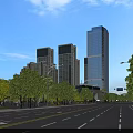 Modern High Rise Office Buildings In Cityscape With Trees And Road Under Blue Sky