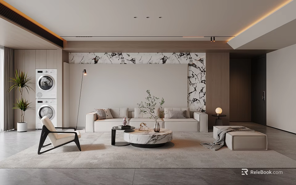 Modern Living Room Interior With Sofa Marble Accent Wall And Round Coffee Table 3d model 