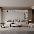 Modern Living Room Interior With Sofa Marble Accent Wall And Round Coffee Table
