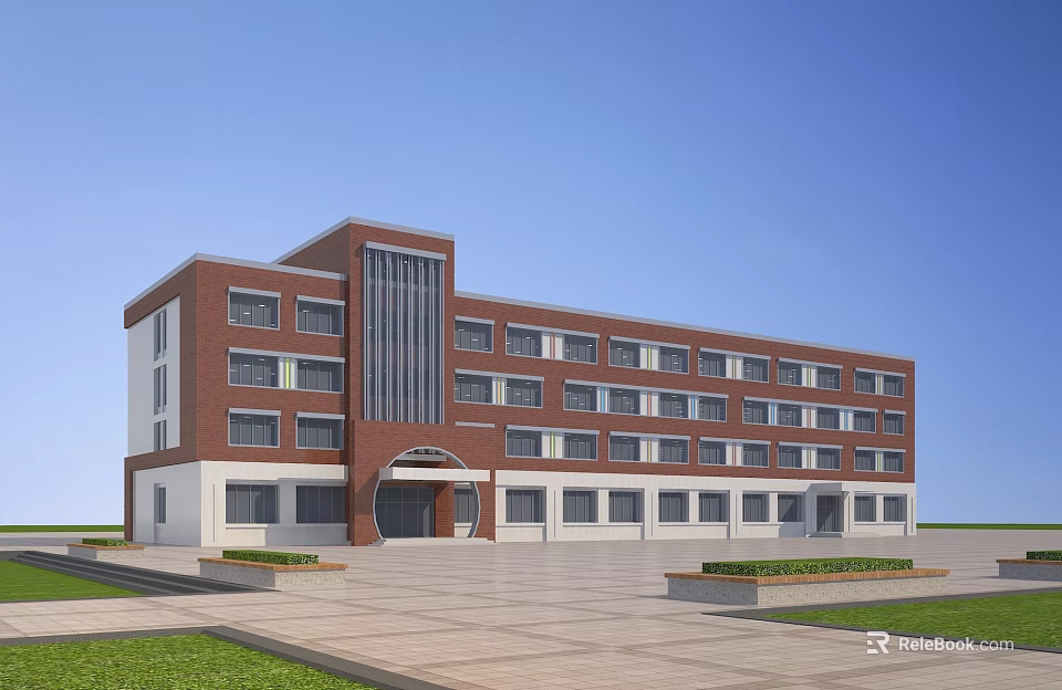 Modern Multistory School Building With Red Brick And White Exterior Spacious Plaza And Lawns 3d model 