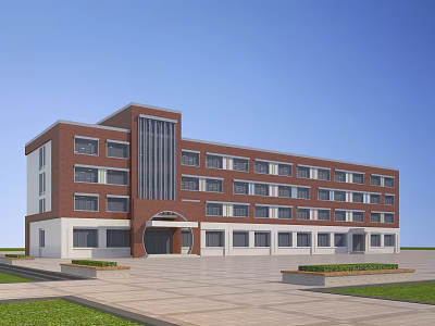 Modern Multistory School Building With Red Brick And White Exterior Spacious Plaza And Lawns 3d model